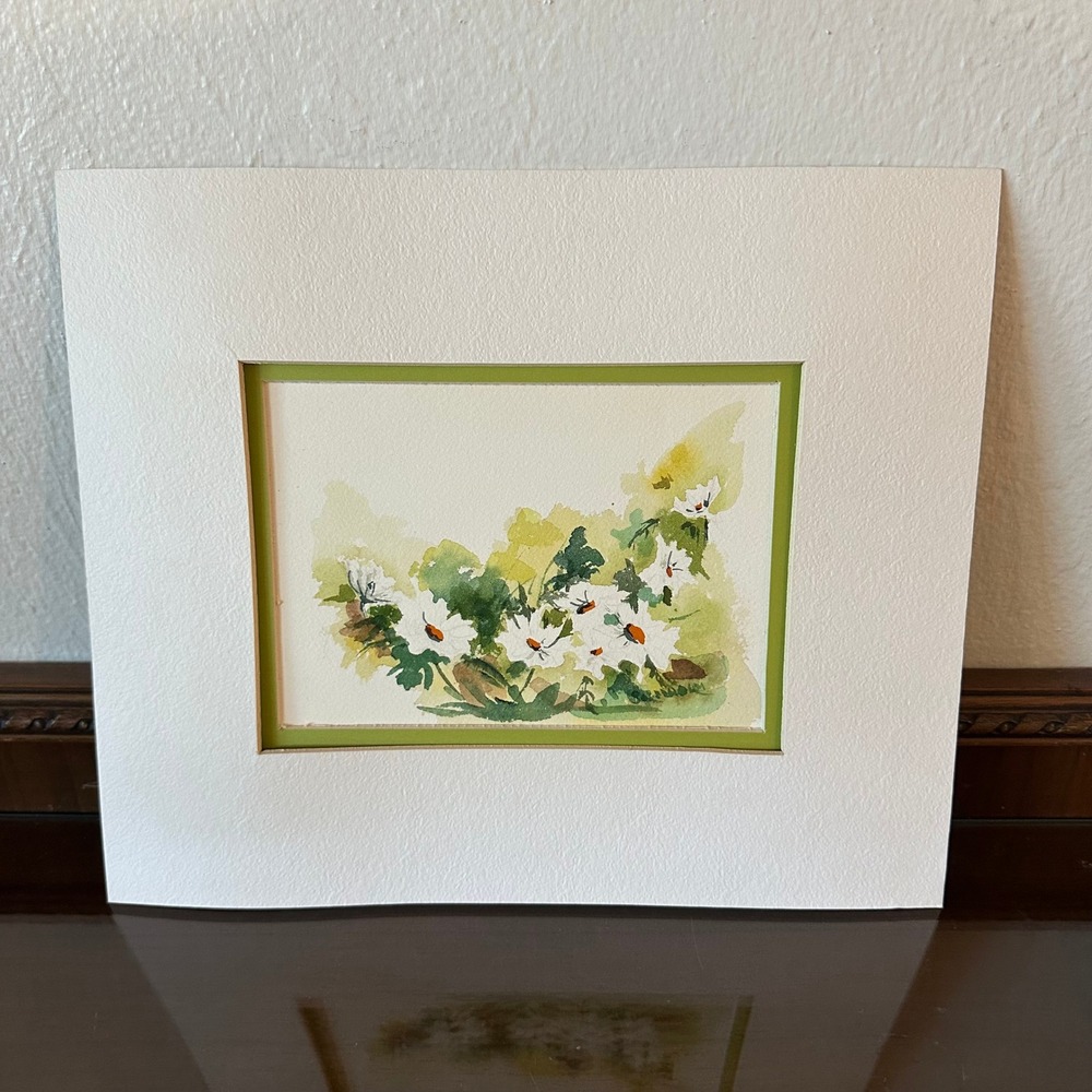 Original Watercolor Floral Daisy Painting Mated 10x12 White Green Impressionist